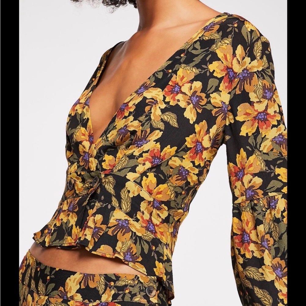 Free People Black Floral V-Neck Blouse